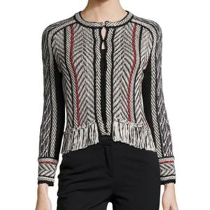 Oscar de La Renta Collarless Tweed Jacket with Fringe Trim, Black/Red/White szS